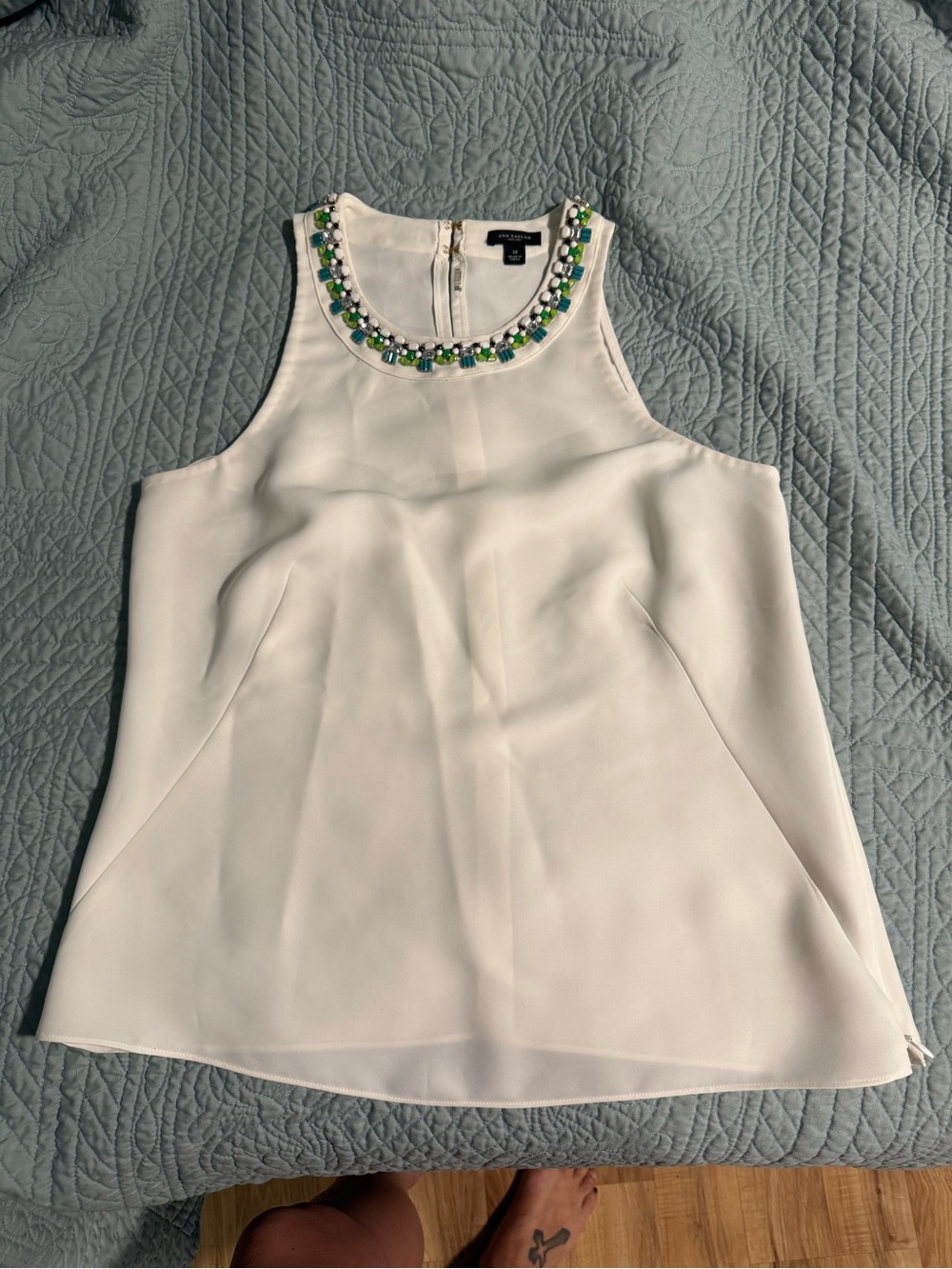 Ann Taylor White Sleeveless Top with Beaded Green and Blue Neckline
